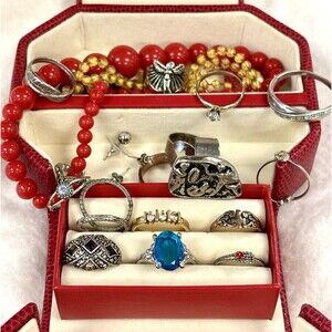 Vintage Estate Jewelry Lot SETA Avon Sterling Rings & More Red Purse-Shaped Case